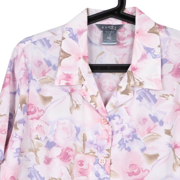 Koret Button Up Floral Shirt Petite 16 Women Blouse 16P Short Sleeve Pink Purple - Picture 2 of 6